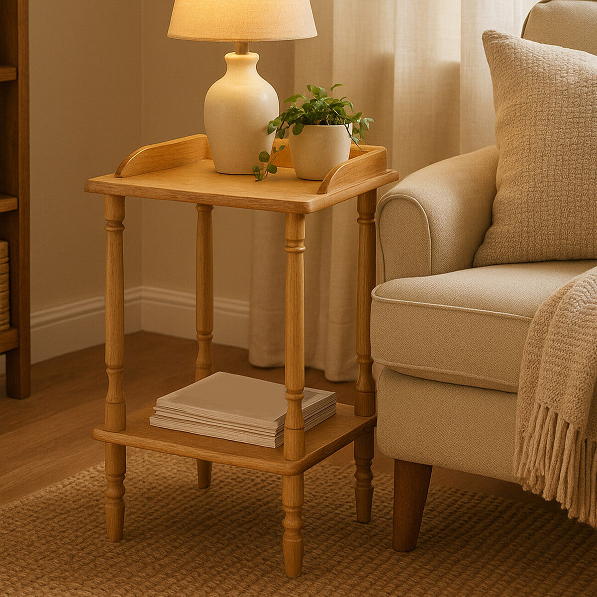 A light-colored Hevea wood side table with a tray-like top, featuring rounded edges and a lower shelf. A small potted plant and a decorative lamp are placed on the table, which stands next to a beige upholstered sofa in a cozy living room setting. Soft natural light filters through sheer curtains, creating a warm atmosphere