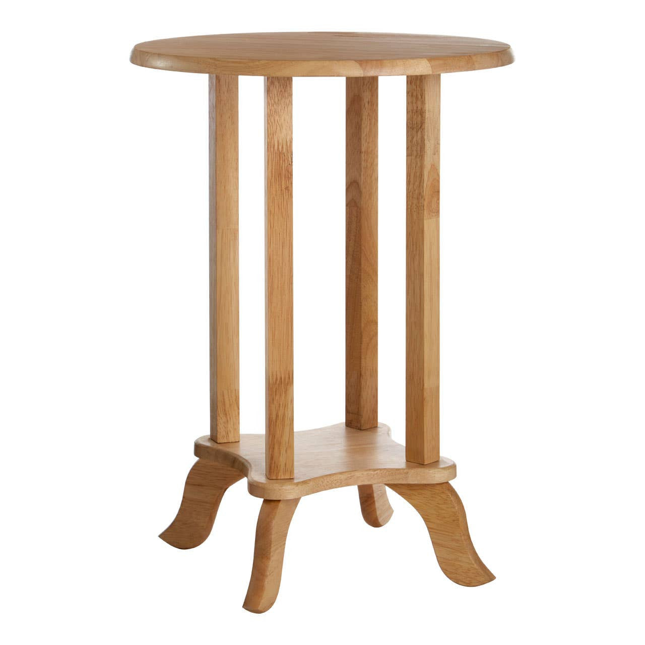 Round side table made from tropical Hevea wood, featuring a smooth top surface and four sturdy legs with a lower shelf for additional storage. The natural wood finish highlights the grain and texture, giving it a warm and inviting appearance