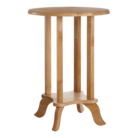 Round side table made from tropical Hevea wood, featuring a smooth top surface and four sturdy legs with a lower shelf for additional storage. The natural wood finish highlights the grain and texture, giving it a warm and inviting appearance