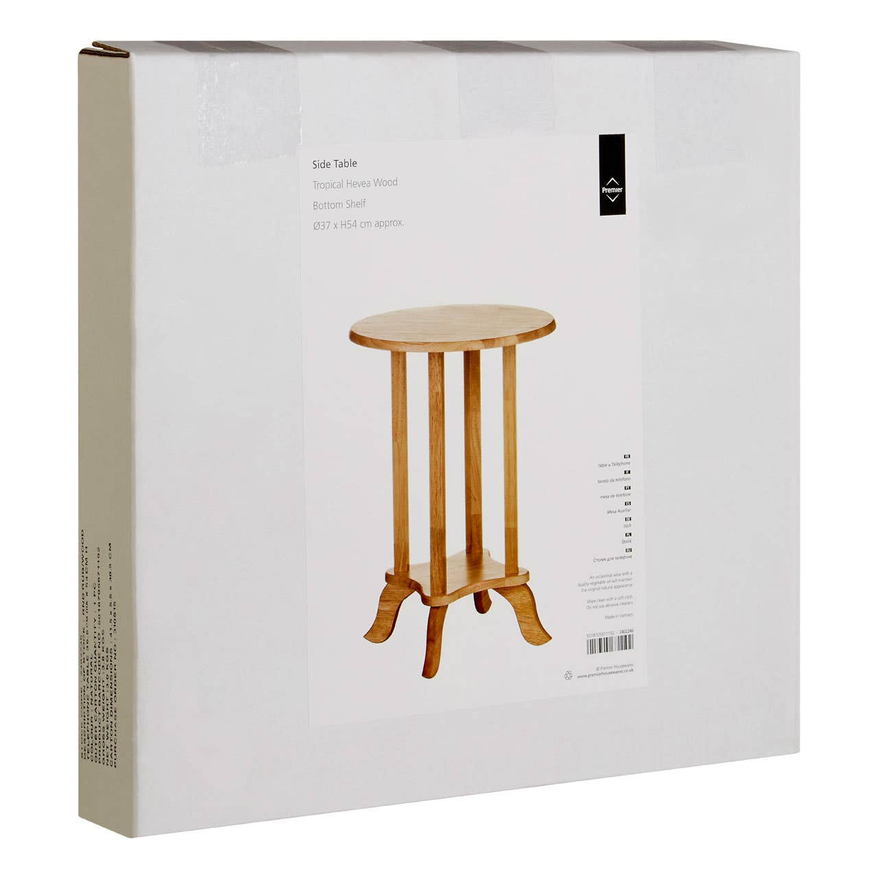 Round side table made from tropical Hevea wood, featuring a smooth top and four sturdy legs, packaged in a white box with a clear front displaying the product