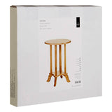 Round side table made from tropical Hevea wood, featuring a smooth top and four sturdy legs, packaged in a white box with a clear front displaying the product