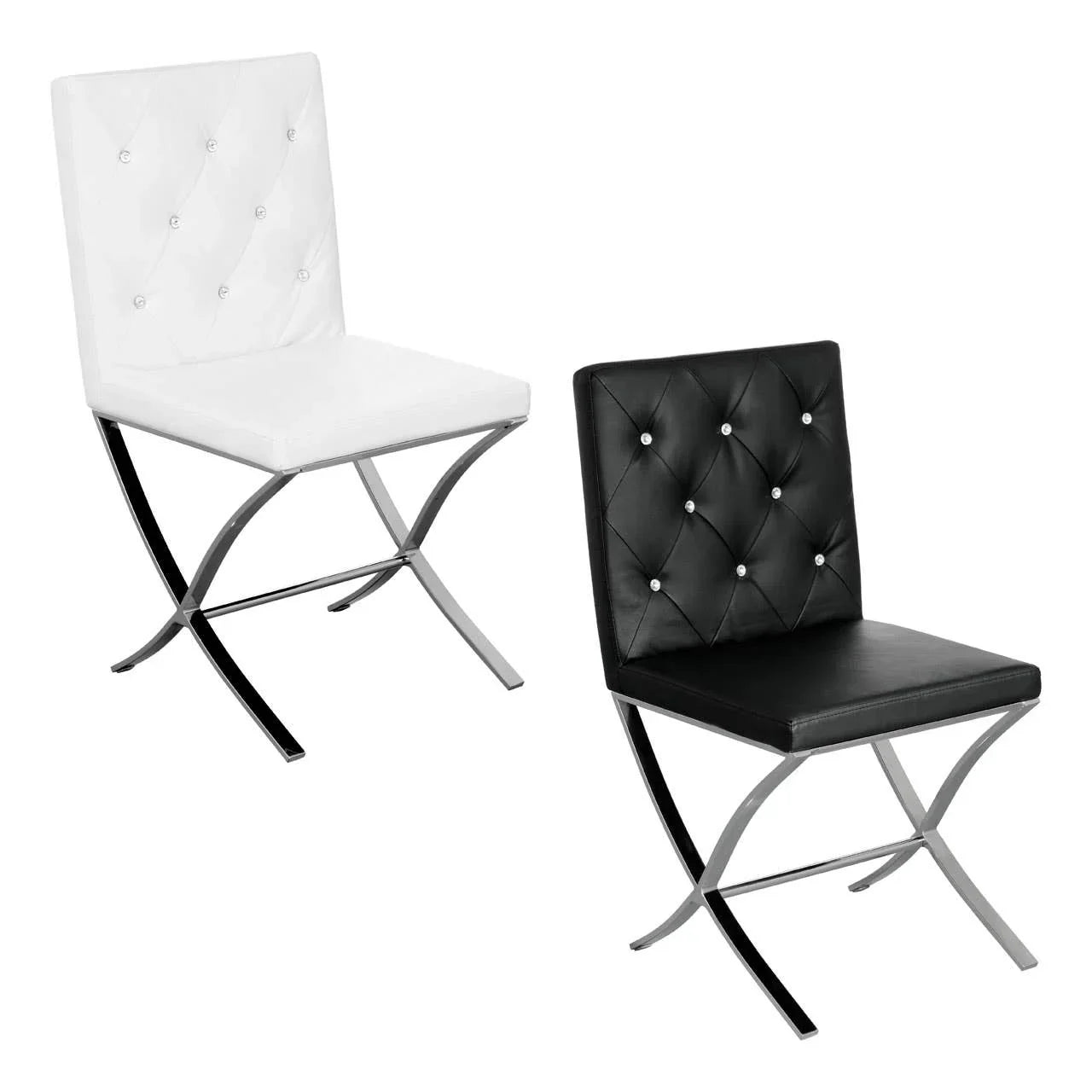 Black and white faux leather dining chairs with chrome legs and diamond button backrest