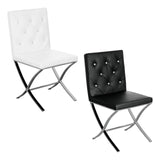 Black and white faux leather dining chairs with chrome legs and diamond button backrest