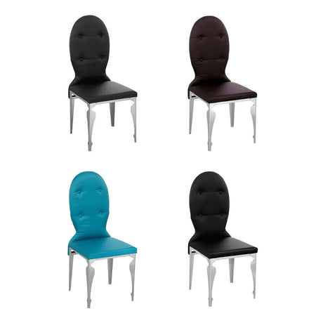 Upholstered dining chairs with tufted backs in black, brown, and teal with silver legs