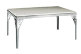 Modern dining table with chrome frame and white patterned glass top