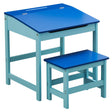 A blue children's desk with a slanted top and a matching stool, both featuring a light blue frame. The desk has a small drawer and is designed for kids, providing a playful and functional workspace