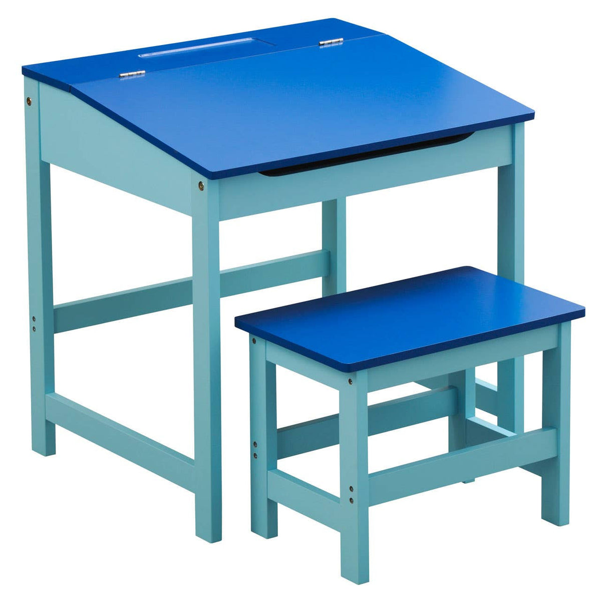 A blue children's desk with a slanted top and a matching stool, both featuring a light blue frame. The desk has a small drawer and is designed for kids, providing a playful and functional workspace