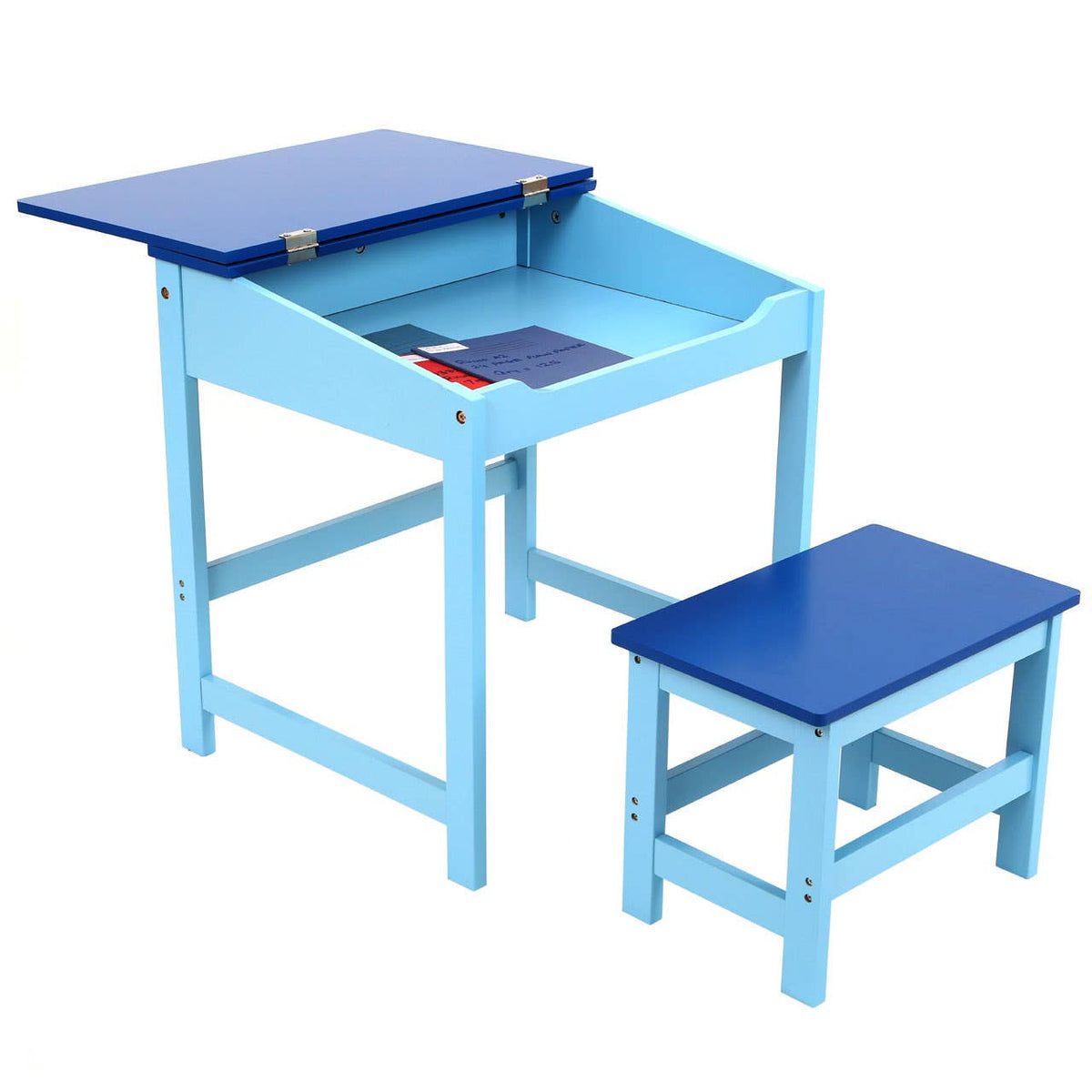 Blue children's desk with a slanted top and a matching stool, both featuring a bright blue finish. The desk has a small compartment for storage and is supported by sturdy legs. The stool is simple and complements the desk's design