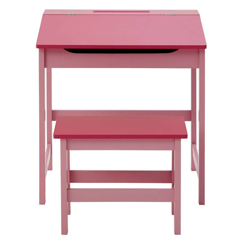 A pink children's desk with a smooth surface and a small drawer, accompanied by a matching pink stool that fits neatly underneath the desk. The furniture features clean lines and a simple design, suitable for a child's room or play area