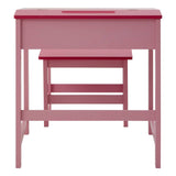 A pink children's desk with a matching stool, featuring a simple design and a small drawer on the desk for storage. The desk has a smooth surface and sturdy legs, while the stool is designed to fit neatly underneath the desk