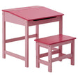 A pink children's desk with a slanted top and a small drawer, accompanied by a matching pink stool with a simple design and sturdy legs. Both pieces have a smooth finish and are designed for a playful, youthful aesthetic