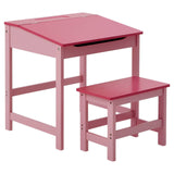 A pink children's desk with a slanted top and a small drawer, accompanied by a matching pink stool with a simple design and sturdy legs. Both pieces have a smooth finish and are designed for a playful, youthful aesthetic