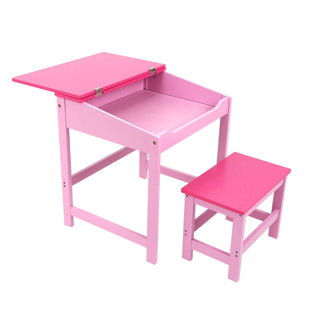 A pink children's desk with a removable top and a matching stool, both featuring a smooth finish and sturdy legs, designed for play and study