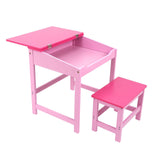 A pink children's desk with a removable top and a matching stool, both featuring a smooth finish and sturdy legs, designed for play and study