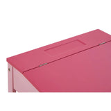 A close-up view of a pink desk with a smooth surface and a small cutout handle on the top, showcasing its vibrant color and simple design