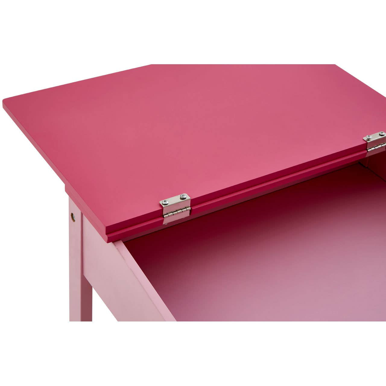 Bright pink desk with a hinged top and metal hinges, showcasing a smooth surface and clean lines, designed for children's use. The desk is accompanied by a matching pink stool, both featuring a modern and playful aesthetic suitable for a child's room