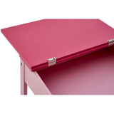 Bright pink desk with a hinged top and metal hinges, showcasing a smooth surface and clean lines, designed for children's use. The desk is accompanied by a matching pink stool, both featuring a modern and playful aesthetic suitable for a child's room