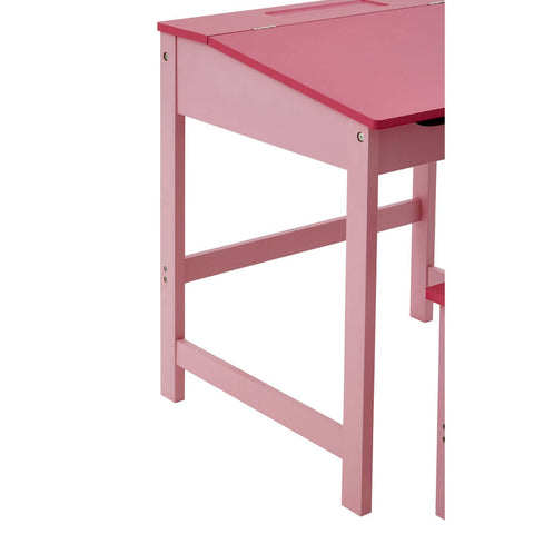 A pink children's desk with a smooth top and sturdy legs, accompanied by a matching pink stool. The desk features a simple design with a slight overhang on the top edge, and the legs are straight and supportive. The overall finish appears glossy and vibrant, suitable for a playful environment
