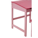 A pink children's desk with a smooth top and sturdy legs, accompanied by a matching pink stool. The desk features a simple design with a slight overhang on the top edge, and the legs are straight and supportive. The overall finish appears glossy and vibrant, suitable for a playful environment