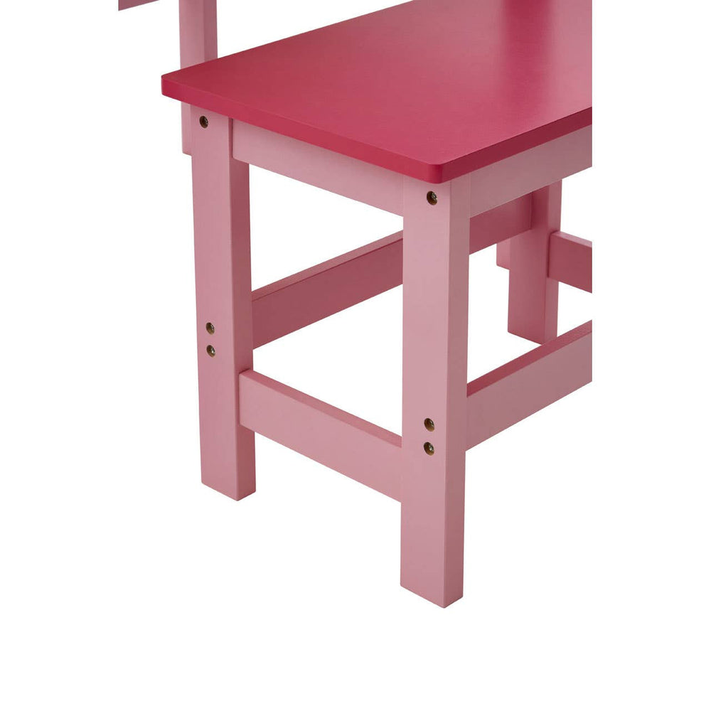 A pink wooden desk with a matching stool, featuring a smooth surface and sturdy legs. The desk has a simple design with a rectangular top and the stool has a square seat, both made of the same pink material