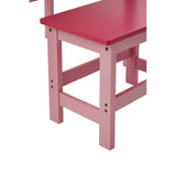 A pink wooden desk with a matching stool, featuring a smooth surface and sturdy legs. The desk has a simple design with a rectangular top and the stool has a square seat, both made of the same pink material