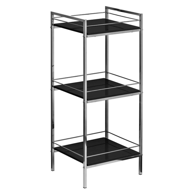 Three-tier shelf unit featuring a sleek black high gloss finish with a modern design. The unit has a sturdy metal frame and three open shelves, providing ample space for storage or display. The top shelf has a railing for added security