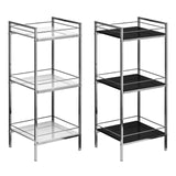 Three-tier shelf unit featuring a sleek black high gloss finish on the shelves, supported by a sturdy chrome frame. The design includes open shelving for easy access and display, with a modern aesthetic suitable for various home decor styles