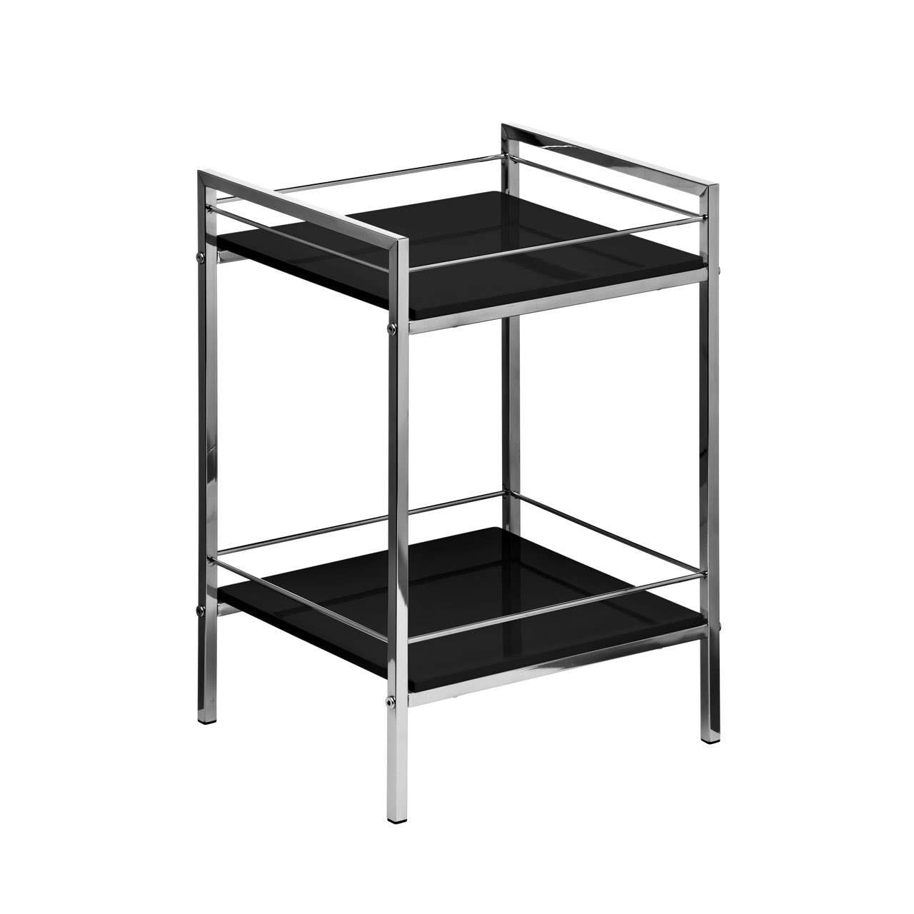 Two-tier shelf unit featuring a sleek black high gloss finish with a modern design. The unit has a sturdy metal frame with a shiny chrome finish, providing a contemporary look. Each tier offers ample space for storage or display, and the unit includes a railing around the top tier for added safety