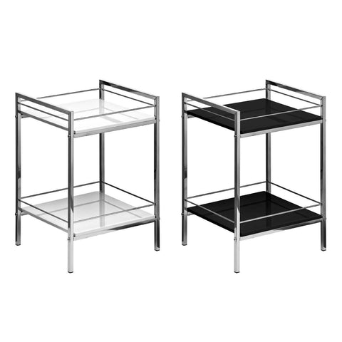 Two tier shelf unit featuring a sleek black high gloss finish on the shelves, supported by a modern metal frame. The unit has an open design with a minimalist aesthetic, showcasing two spacious shelves for storage or display