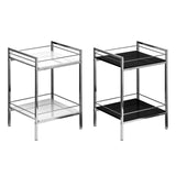 Two tier shelf unit featuring a sleek black high gloss finish on the shelves, supported by a modern metal frame. The unit has an open design with a minimalist aesthetic, showcasing two spacious shelves for storage or display