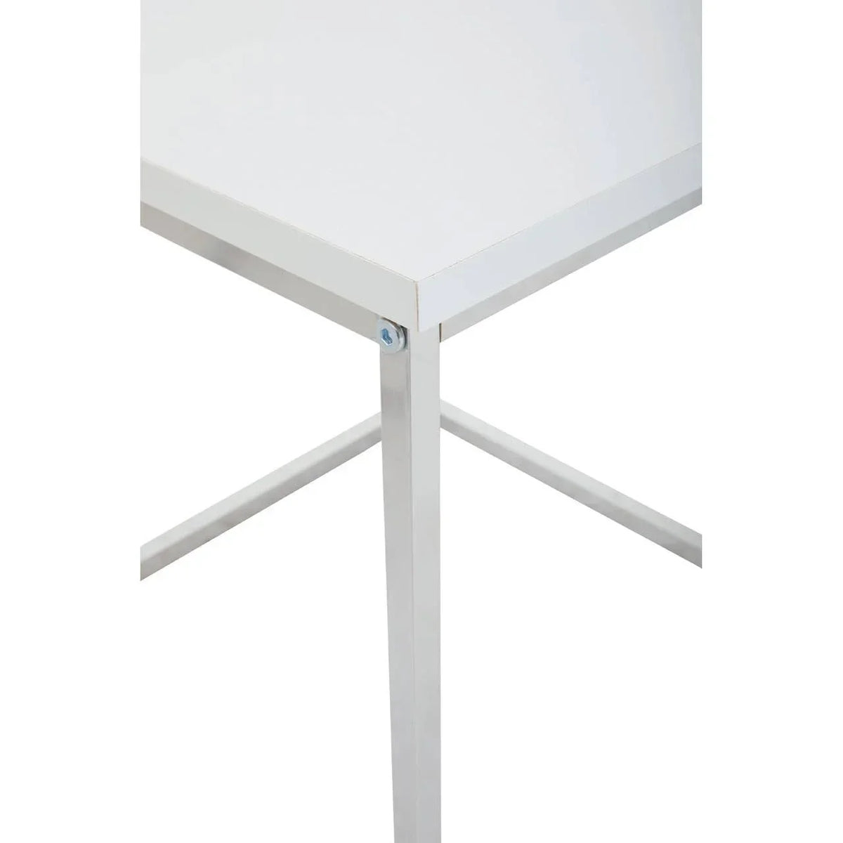 White metal dining table corner with sturdy crossed legs and minimalist design