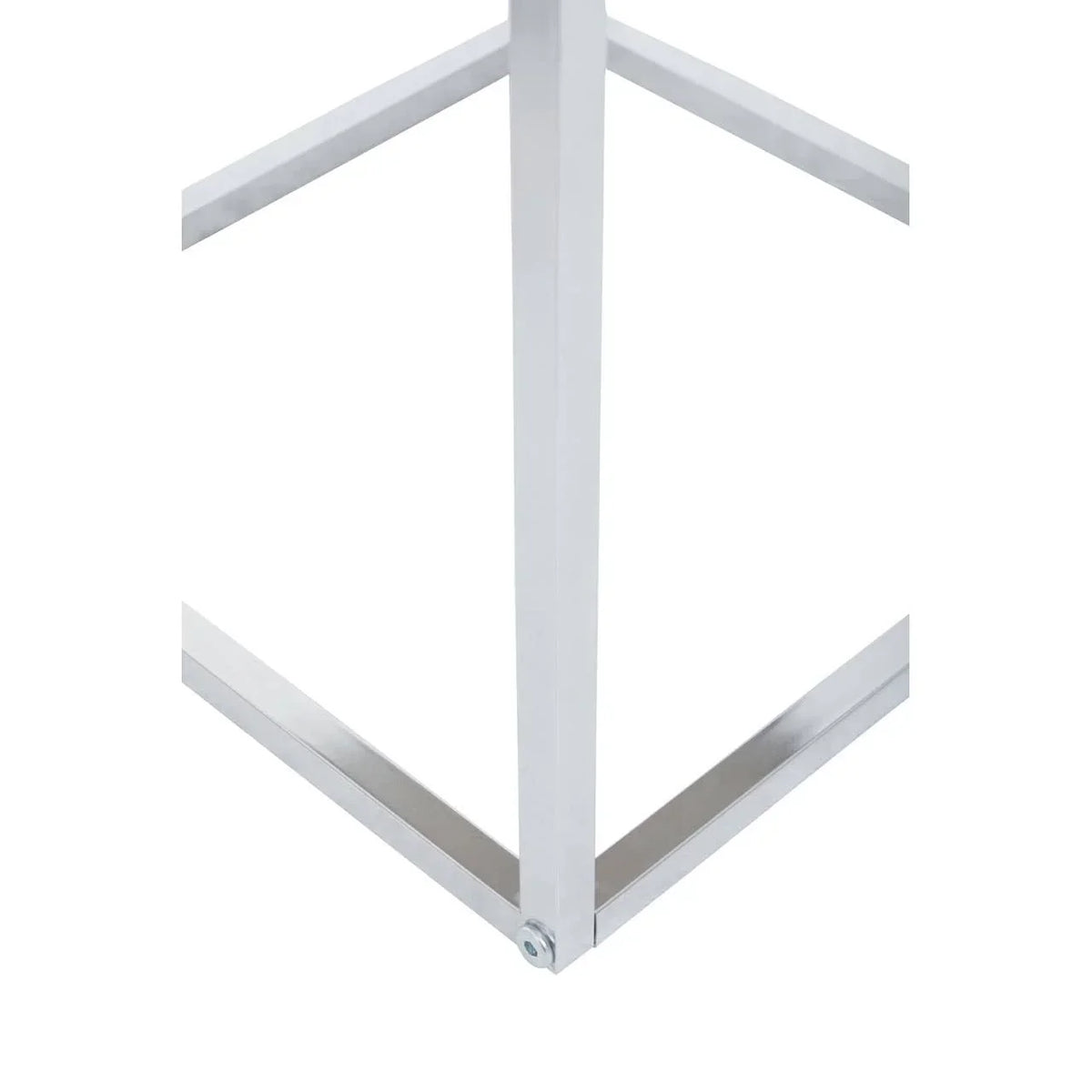 Silver metal table base with square legs and angled support, close-up view