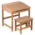Natural wood desk with a slanted top and a small matching stool, both featuring a simple design and light finish, suitable for children's use