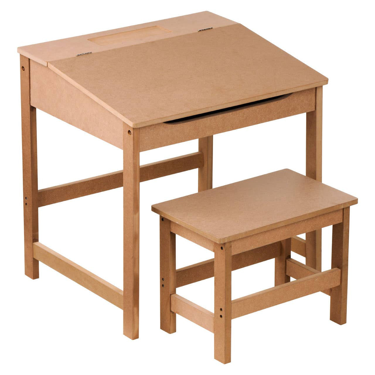 Natural wood desk with a slanted top and a small matching stool, both featuring a simple design and light finish, suitable for children's use