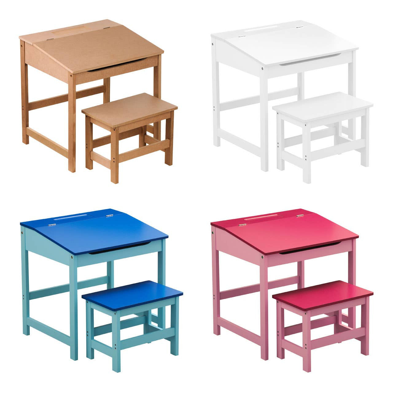 Natural wood and colorful children's desk and stool set displayed in four variations: light wood, white, blue, and pink. Each set features a rectangular desk with a matching stool, designed for child-sized use