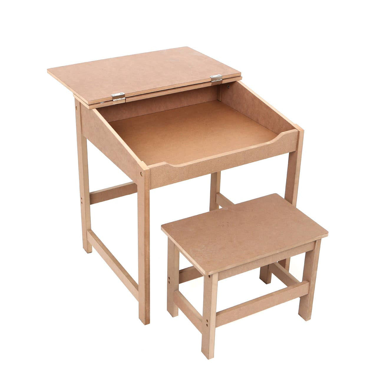 Natural wood desk with a hinged top and a storage compartment, accompanied by a matching small stool. The desk features clean lines and a simple design, suitable for children's use