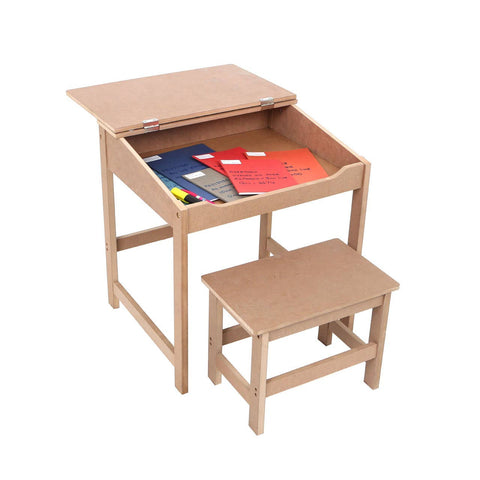 Natural wood desk with a hinged top revealing storage space, accompanied by a matching stool. The desk surface displays colorful art supplies, including papers and crayons. The overall design is simple and child-friendly, suitable for a playroom or study area