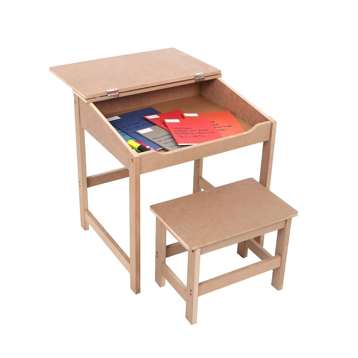 Natural wood desk with a hinged top revealing storage space, accompanied by a matching stool. The desk surface displays colorful art supplies, including papers and crayons. The overall design is simple and child-friendly, suitable for a playroom or study area