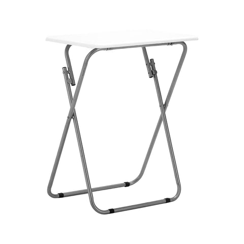 Folding table with a sleek white top and a sturdy, silver metal frame featuring an X-shaped design for stability. The table is compact and lightweight, suitable for various indoor and outdoor settings