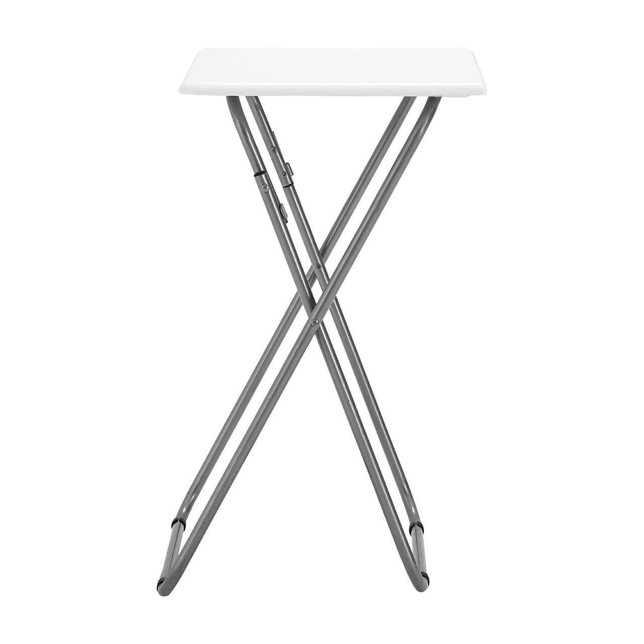 Folding table with a sleek white top and a sturdy silver metal frame featuring crossed legs for stability