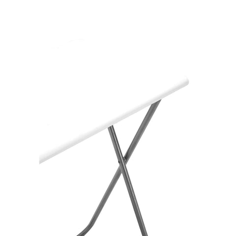 Folding table with a sleek white top and a sturdy, modern gray metal frame, featuring an X-shaped base for stability