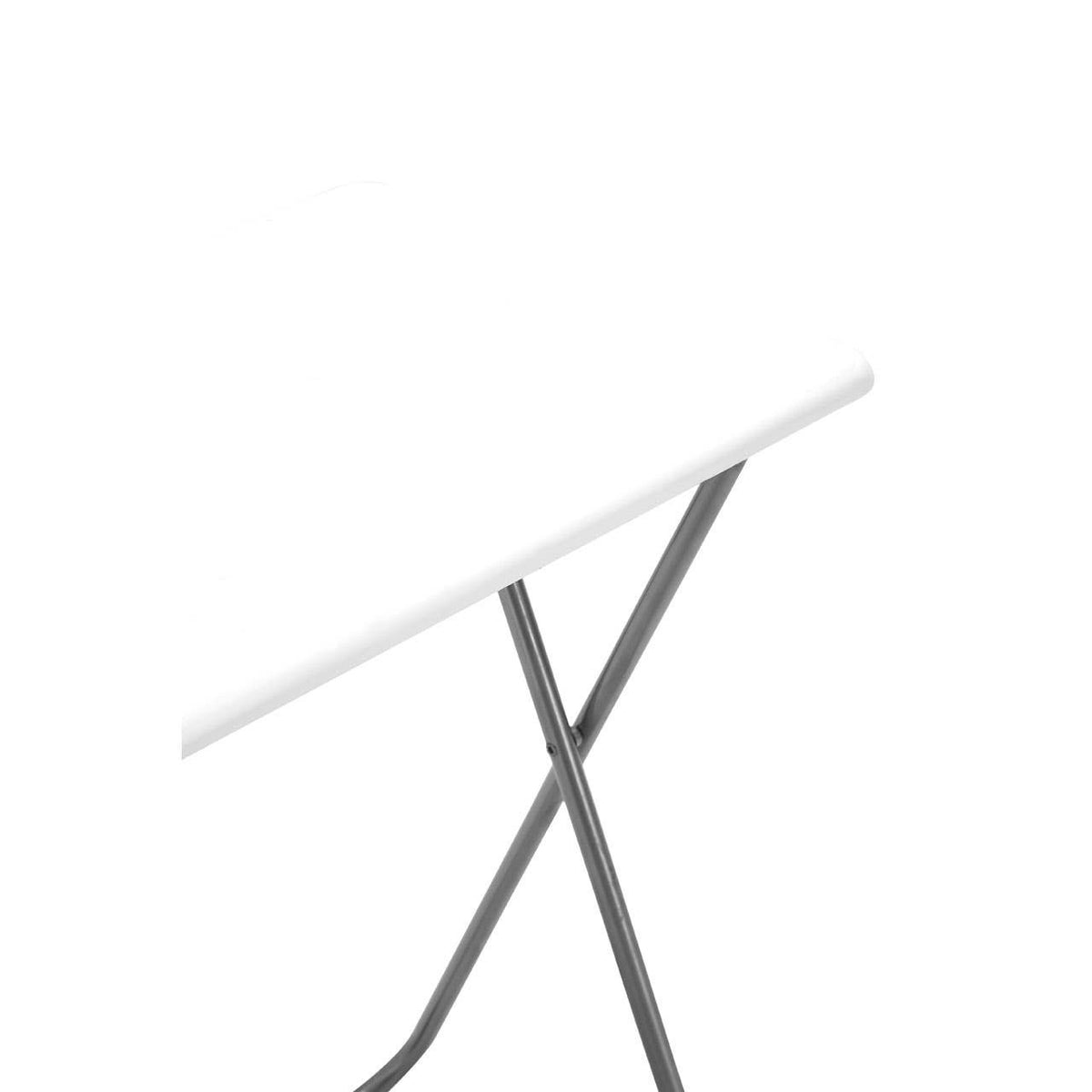 Folding table with a sleek white top and a sturdy, modern gray metal frame, featuring an X-shaped base for stability