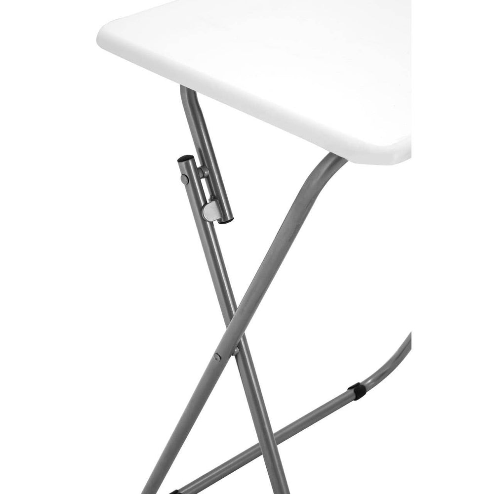 Folding table with a sleek white top and a sturdy gray metal frame, featuring crossed legs for stability and a simple locking mechanism for easy setup and storage