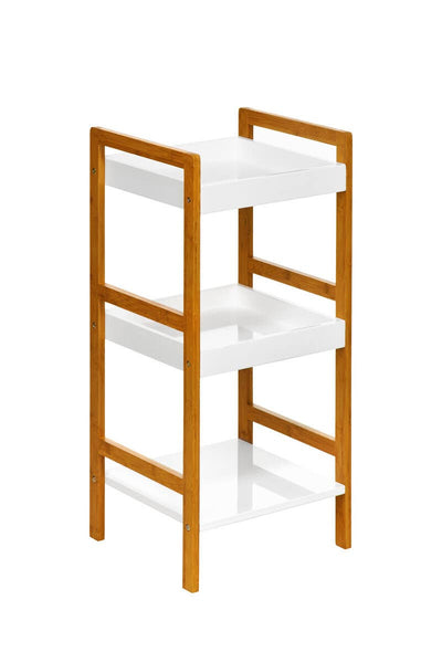Three-tier shelf unit featuring a high gloss white finish on the shelves and a contrasting wooden frame. The unit has an open design, allowing for easy access to items placed on each tier