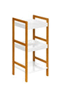 Three-tier shelf unit featuring a high gloss white finish on the shelves and a contrasting wooden frame. The unit has an open design, allowing for easy access to items placed on each tier