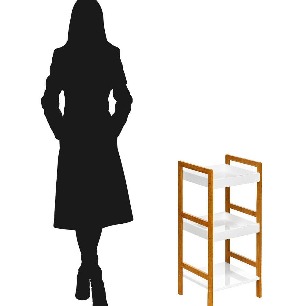 Three-tier small shelf unit with a sleek white high gloss finish, featuring a modern design and wooden accents. The unit is positioned next to a silhouette of a person wearing a coat, providing a sense of scale