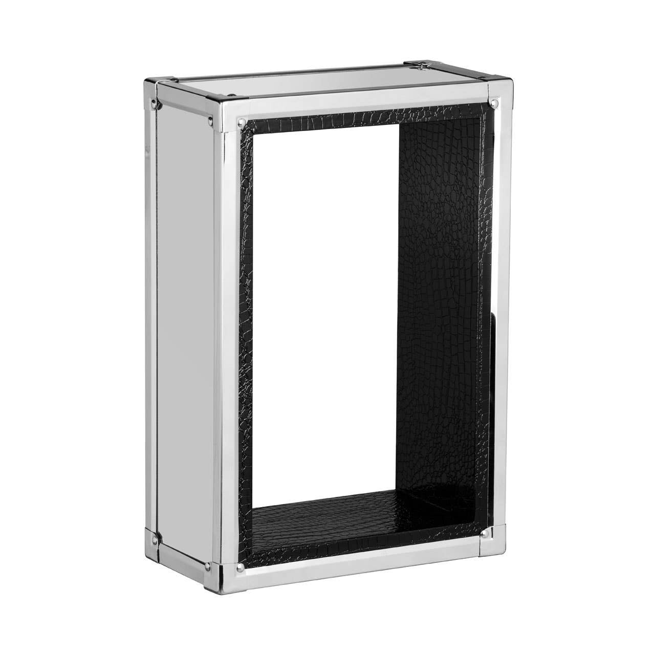 Crocodile leather effect wall cube shelf with a sleek silver frame and a black interior, featuring an open front design for displaying items