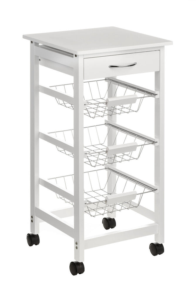 White kitchen trolley with a smooth top surface, a single drawer, and four open wire baskets for storage. The trolley is mounted on four wheels for easy mobility