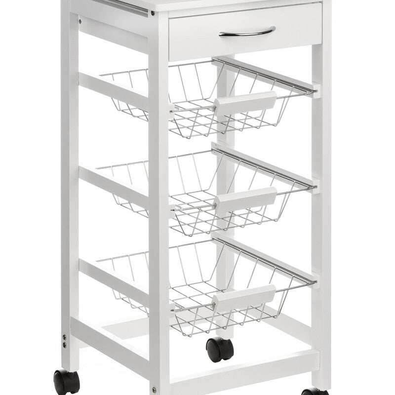 White kitchen trolley with a smooth top surface, a single drawer, and four open wire baskets for storage. The trolley is mounted on four wheels for easy mobility