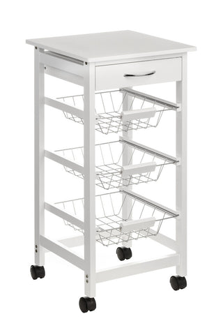White kitchen trolley with a smooth top surface, a single drawer, and four open wire baskets for storage. The trolley is mounted on four wheels for easy mobility